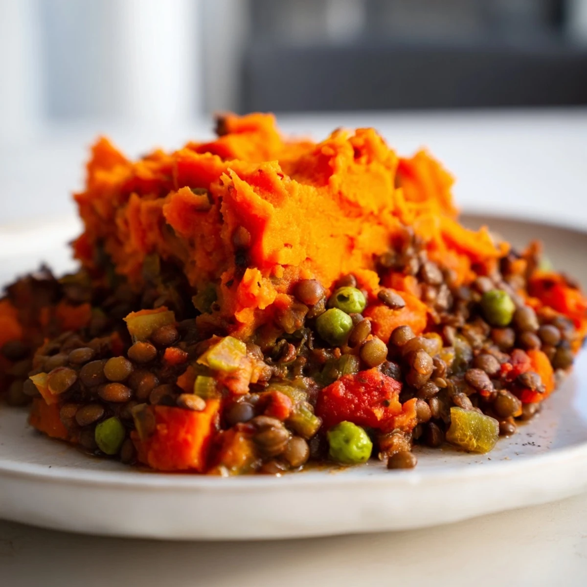 A close-up of Vegan Lentil and Sweet Potato Shepherd's Pie, showing a golden-brown mashed sweet potato top with bubbling lentil filling peeking through.