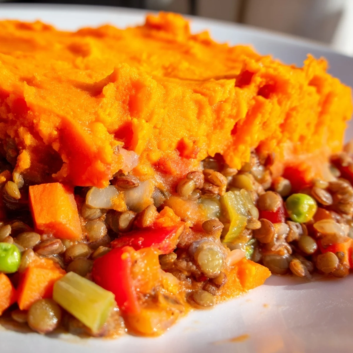 Sliced Vegan Lentil and Sweet Potato Shepherd's Pie is served on a white plate, revealing a hearty lentil, carrot, and pea filling inside.