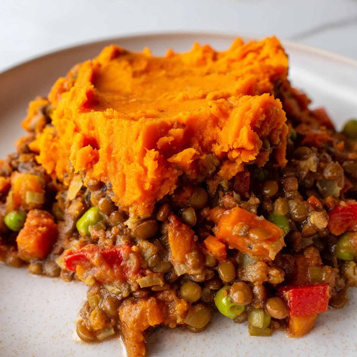 Vegan Lentil and Sweet Potato Shepherd's Pie is presented in a rustic baking dish, fresh from the oven with a spoon ready to serve.