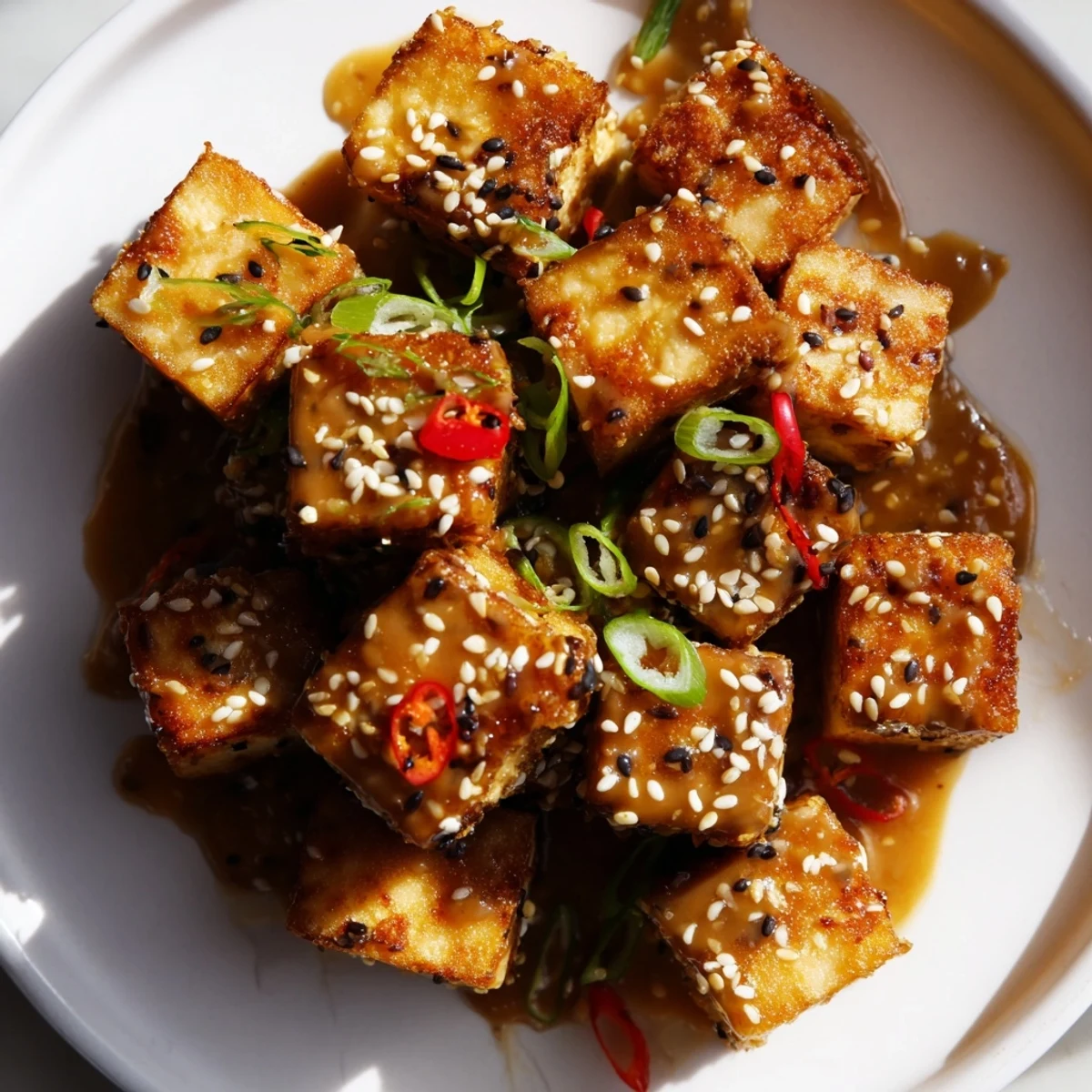 Crispy baked tofu cubes glistening with sesame peanut sauce and garnished with green onions and sesame seeds.