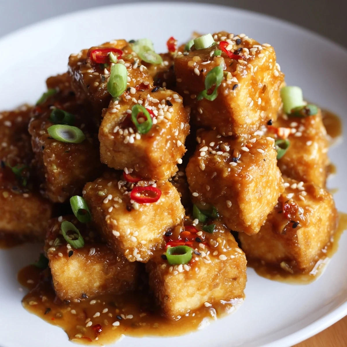 Crispy baked tofu with sesame peanut sauce, garnished with chili slices and sesame seeds.