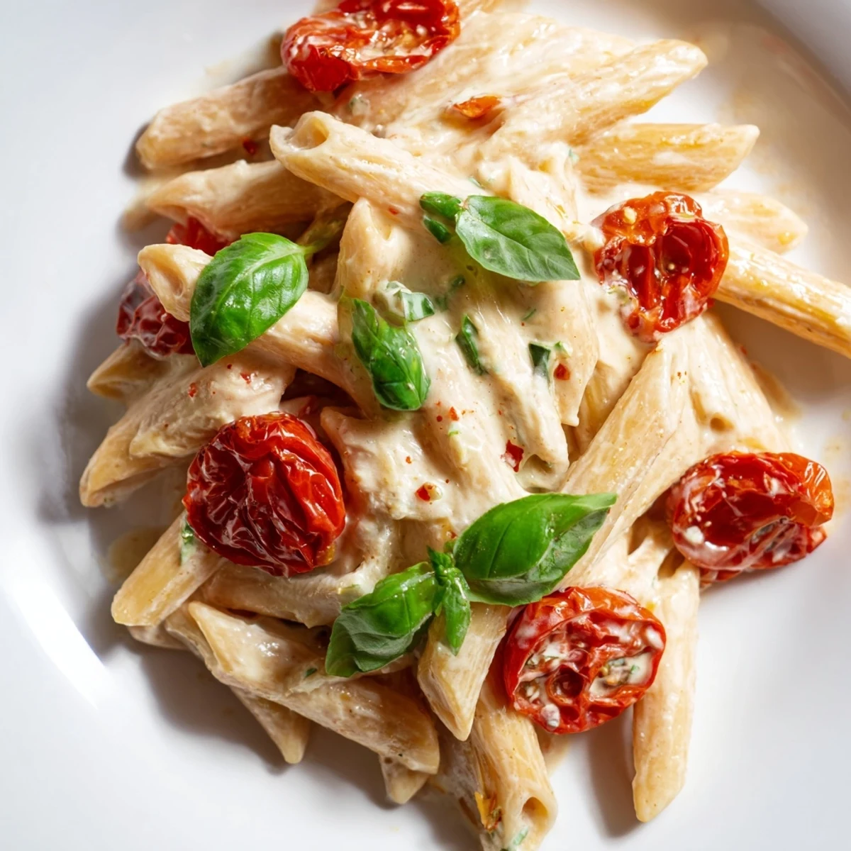 Golden roasted feta and burst cherry tomatoes create a creamy sauce for this Baked Feta Pasta, garnished with fresh basil.