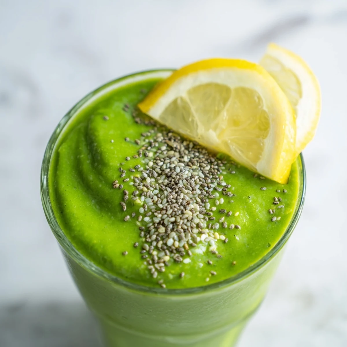 Two glasses of vibrant Detox Green Smoothie with Spinach and Ginger, garnished with lemon slices and chia seeds.