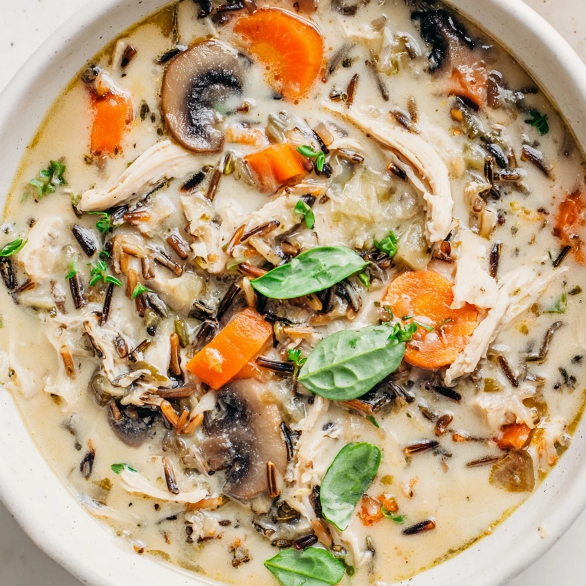 Steam rises invitingly from a bowl of Instant Pot Chicken and Wild Rice Soup, highlighting tender shredded chicken and nutty wild rice in a savory broth.