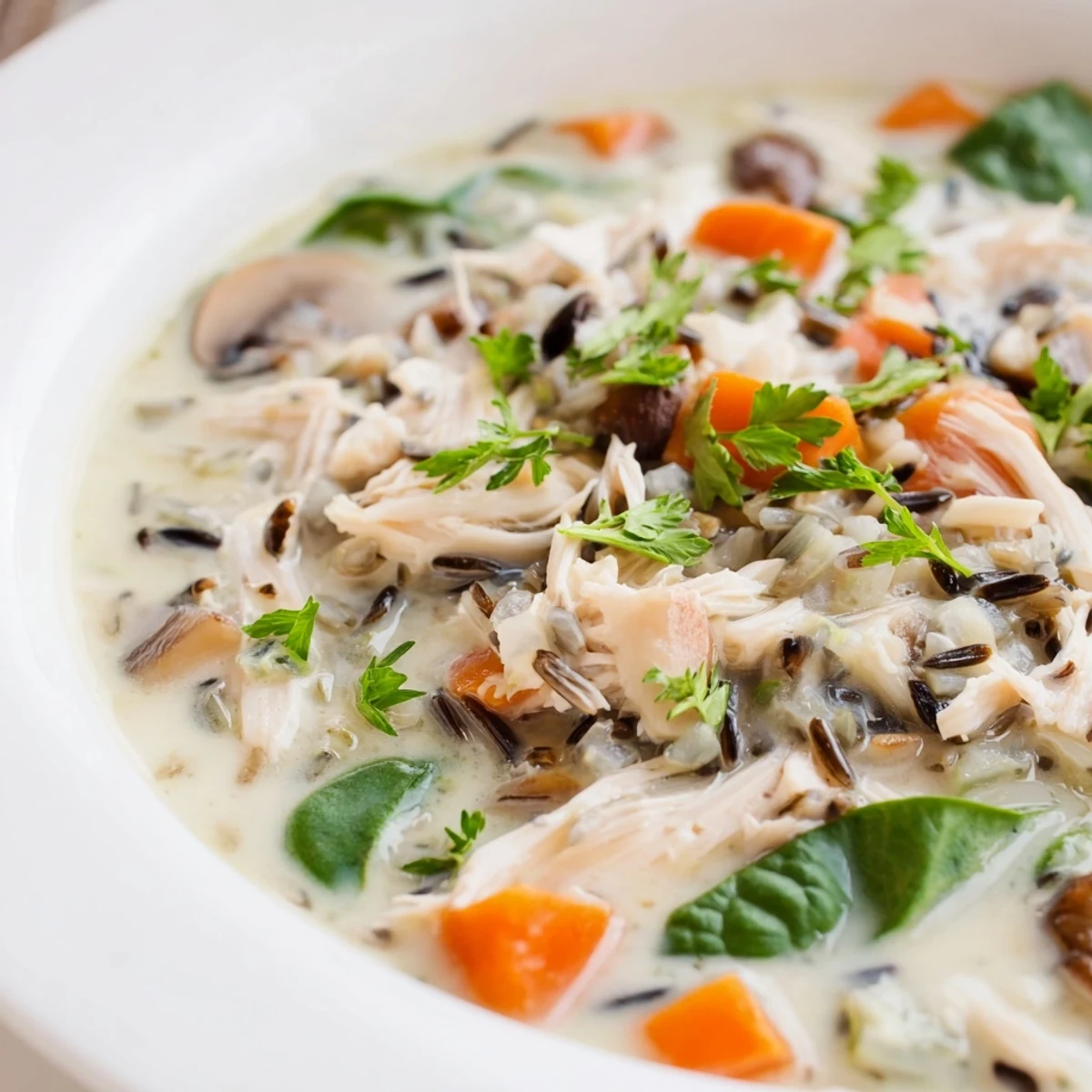 Focusing on the Instant Pot, this close-up shot shows creamy, hearty Instant Pot Chicken and Wild Rice Soup ladled into a rustic bowl, garnished with fresh parsley.