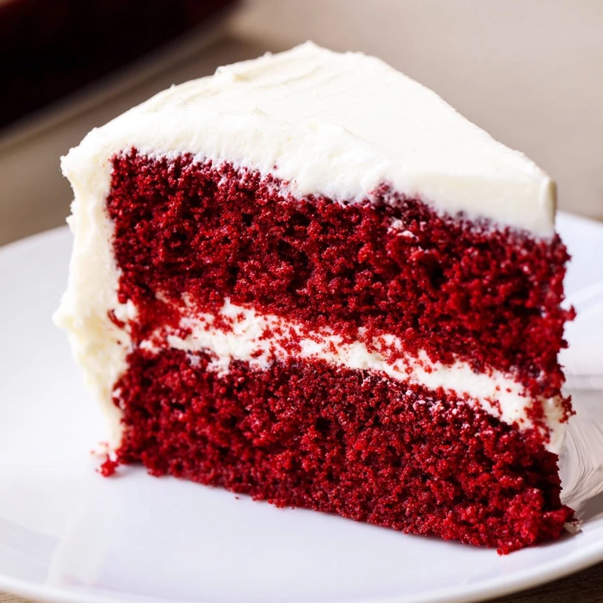 Moist Red Velvet Cake with Cream Cheese Frosting slice held on a fork near a cup of coffee.