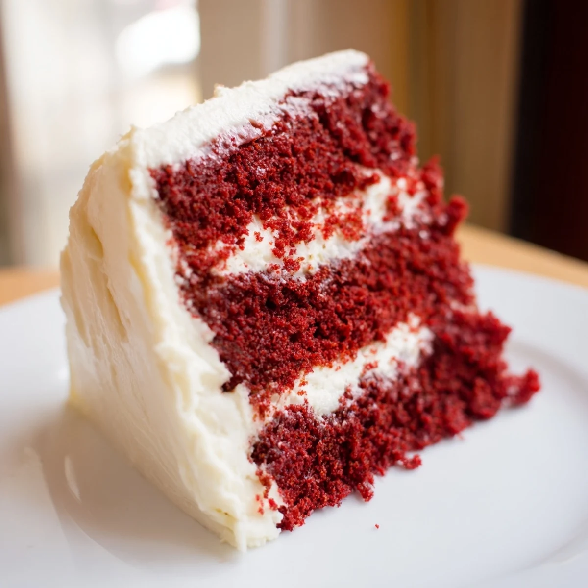 Layered Red Velvet Cake with Cream Cheese Frosting cut into wedges on a cooling rack, ready to serve.