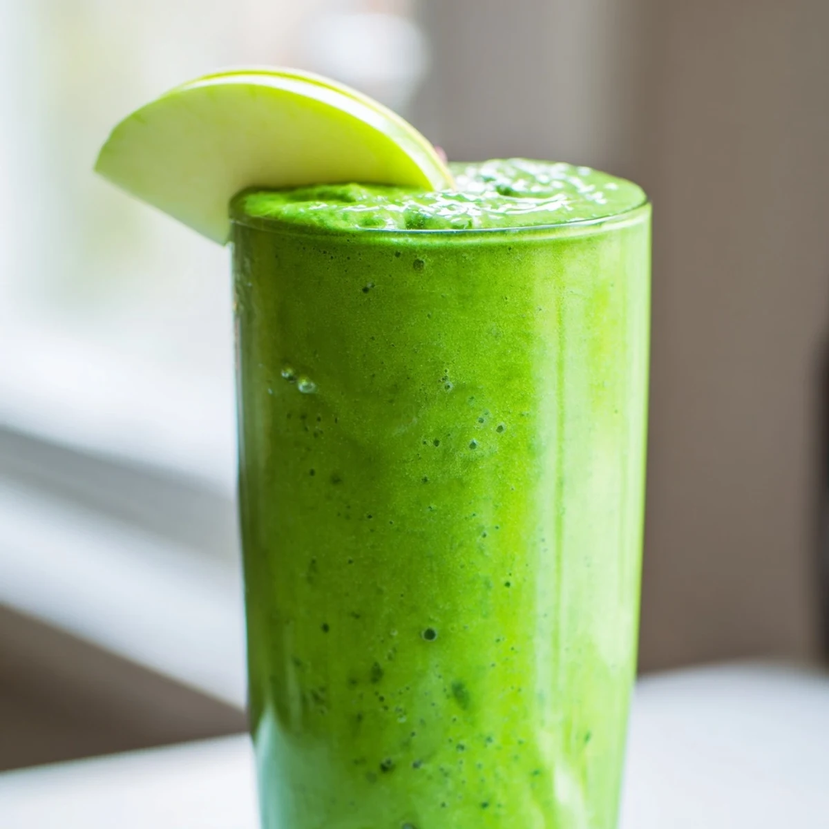 Fresh green Detox Smoothie in a glass, showing vibrant spinach texture and a sprinkle of chia seeds on top.