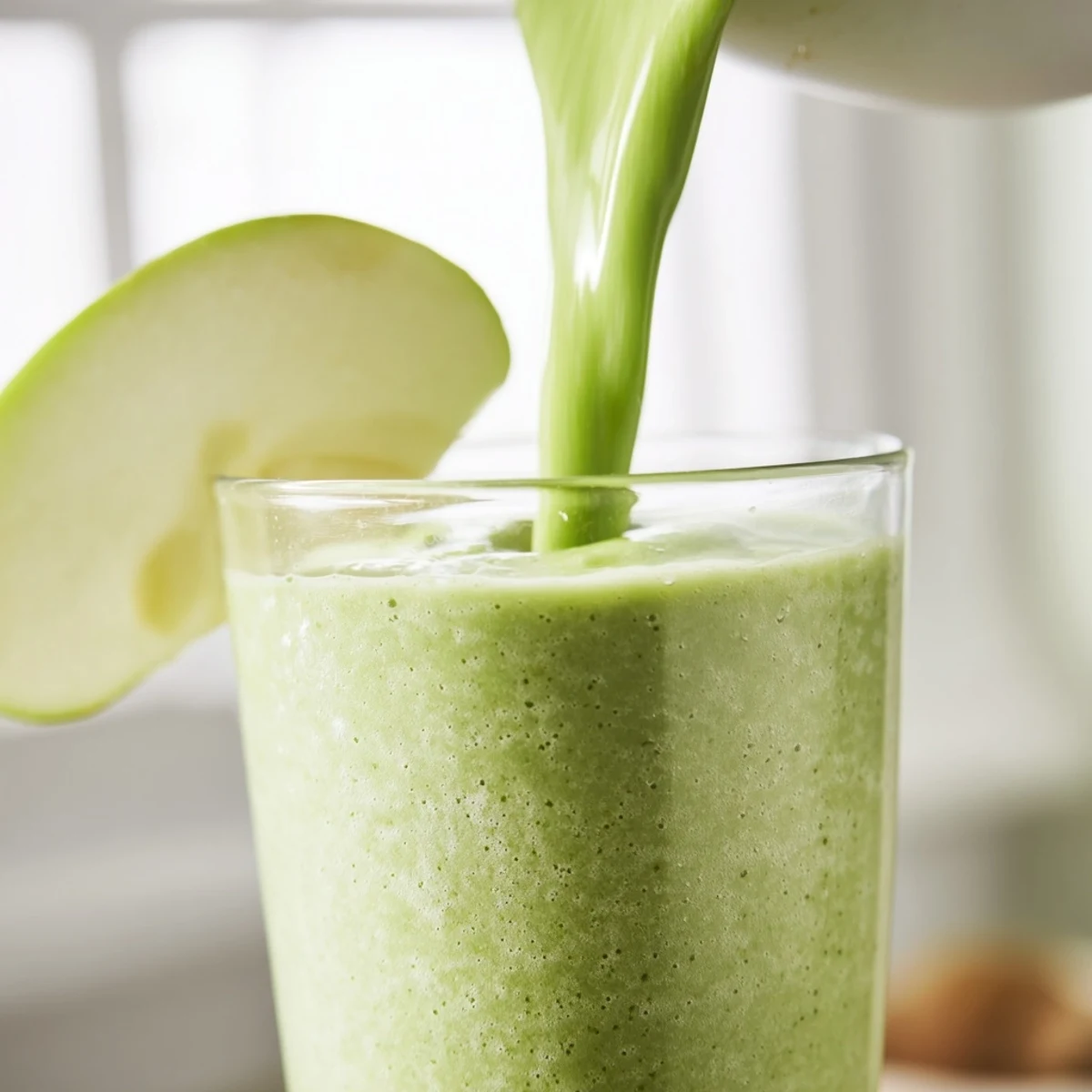 Close-up of Detox Green Smoothie with ice cubes and banana, poured into a minimalist glass for a refreshing treat.