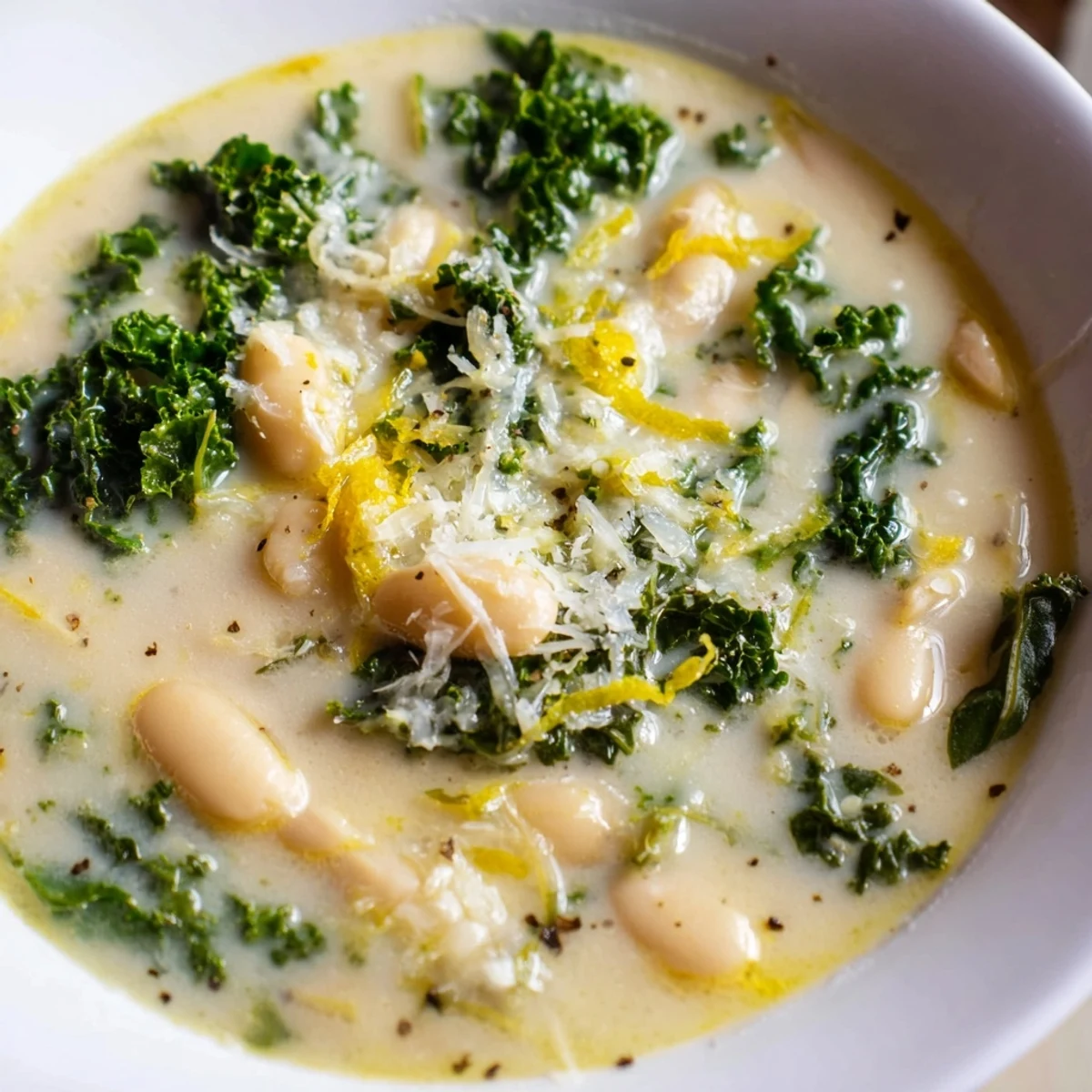 A bowl of White Bean and Kale Soup with Lemon Zest and Parmesan garnished with fresh parsley