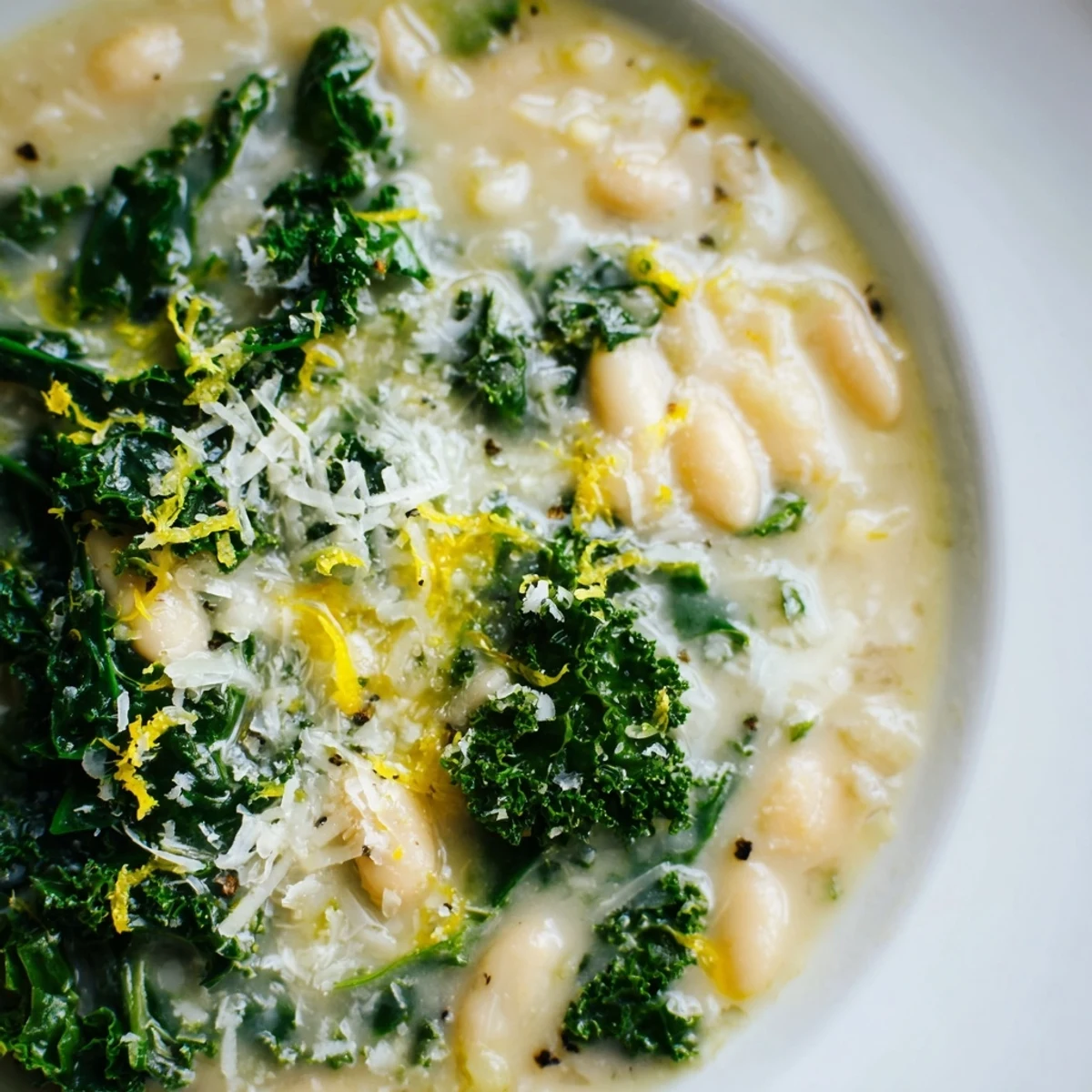 Creamy White Bean and Kale Soup with Lemon Zest and Parmesan ladled into a rustic bread bowl