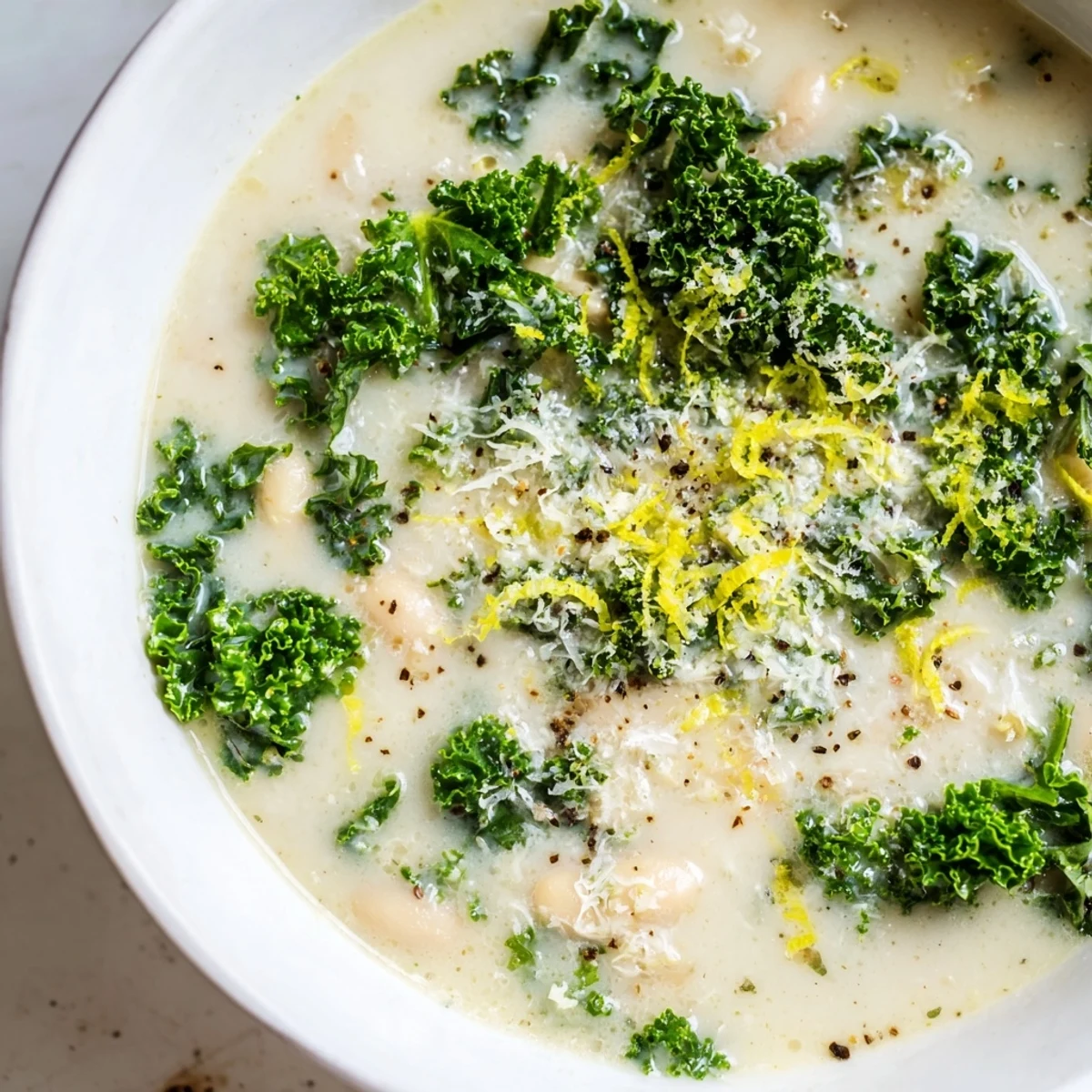 Freshly grated Parmesan and lemon zest garnish steaming White Bean and Kale Soup with Lemon Zest and Parmesan