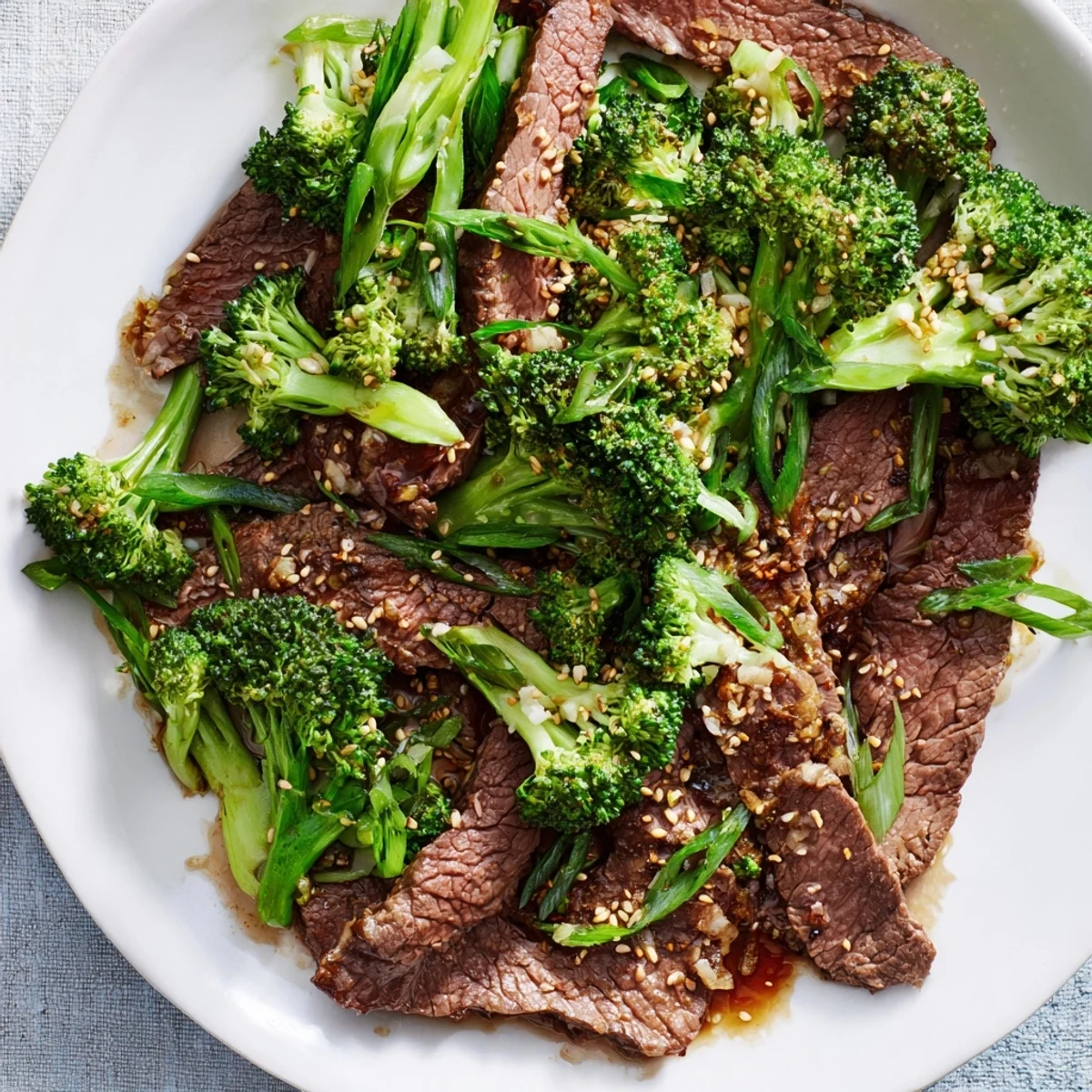 Keto Friendly Beef and Broccoli Stir Fry with Ginger topped with sesame seeds, served alongside fluffy cauliflower rice for a complete low-carb meal.