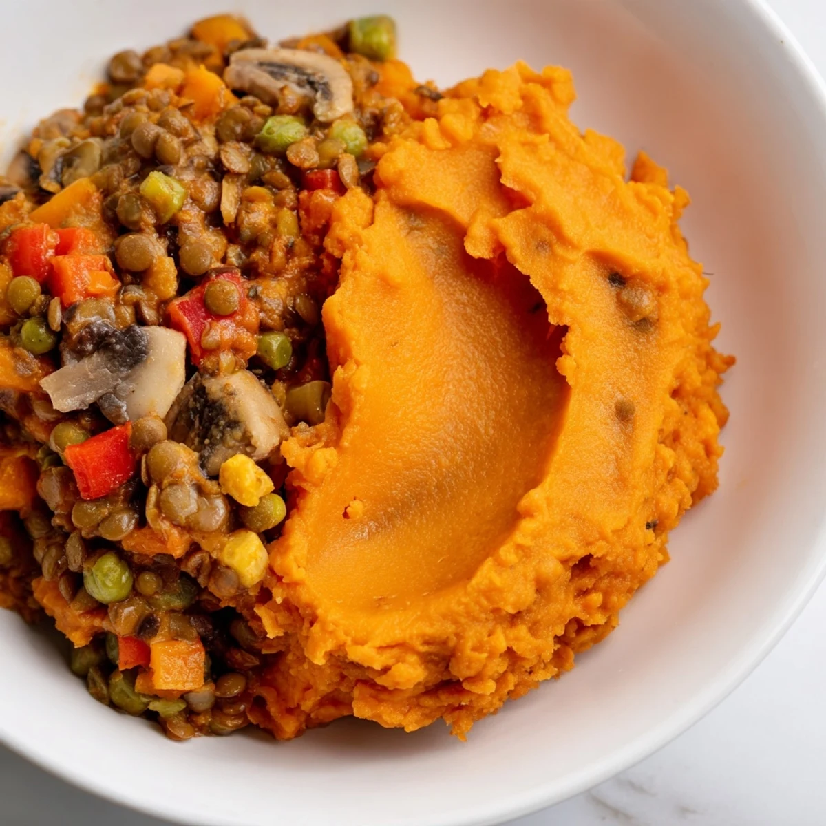 Sliced wedge of Vegan Lentil and Sweet Potato Shepherds Pie on a white plate, revealing layers of hearty filling and fluffy mash.