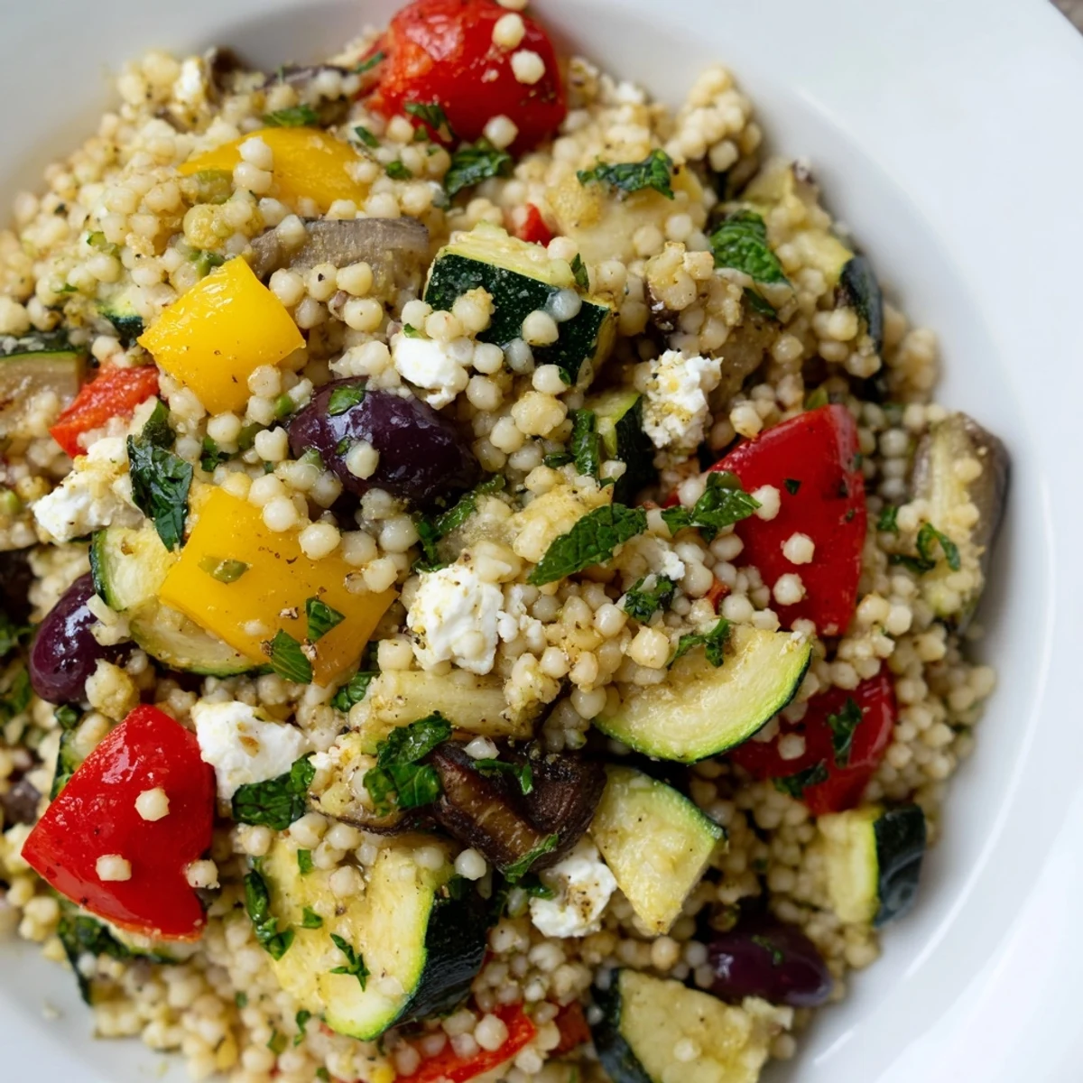 A close-up of Mediterranean Couscous Salad with Roasted Vegetables, featuring fluffy couscous, caramelized veggies, feta, and fresh herbs.