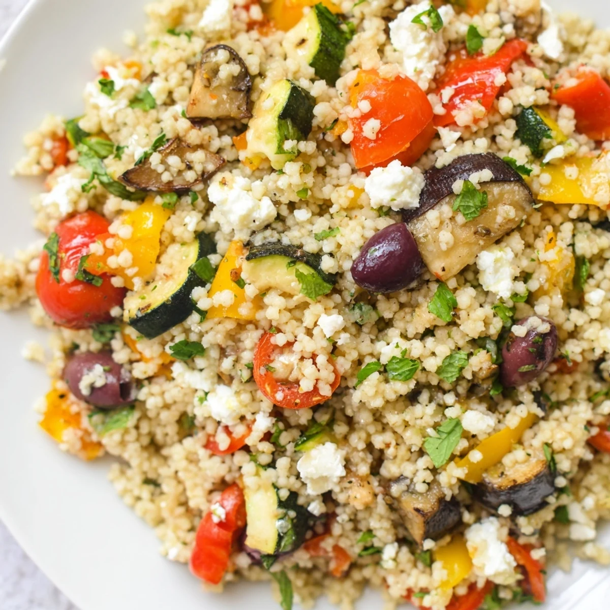 Vibrant Mediterranean Couscous Salad with Roasted Vegetables, tossed with Kalamata olives, tomatoes, and a zesty lemon-herb dressing.