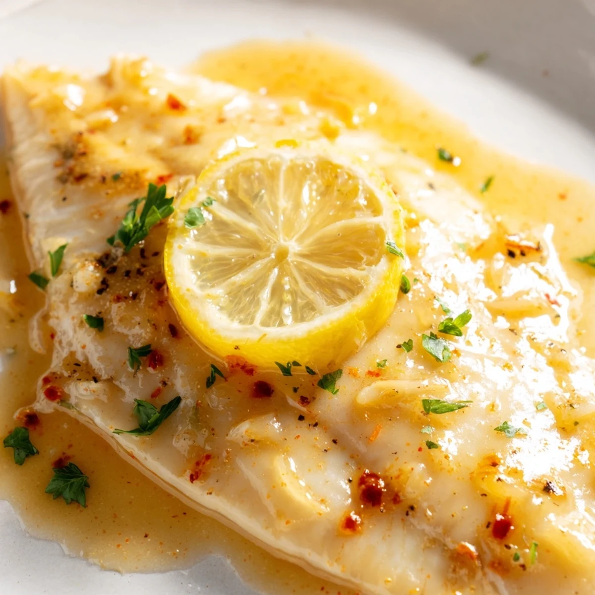 Baked tilapia fillets on a baking sheet, drenched in lemon butter garlic sauce, ready to serve with rice or vegetables.