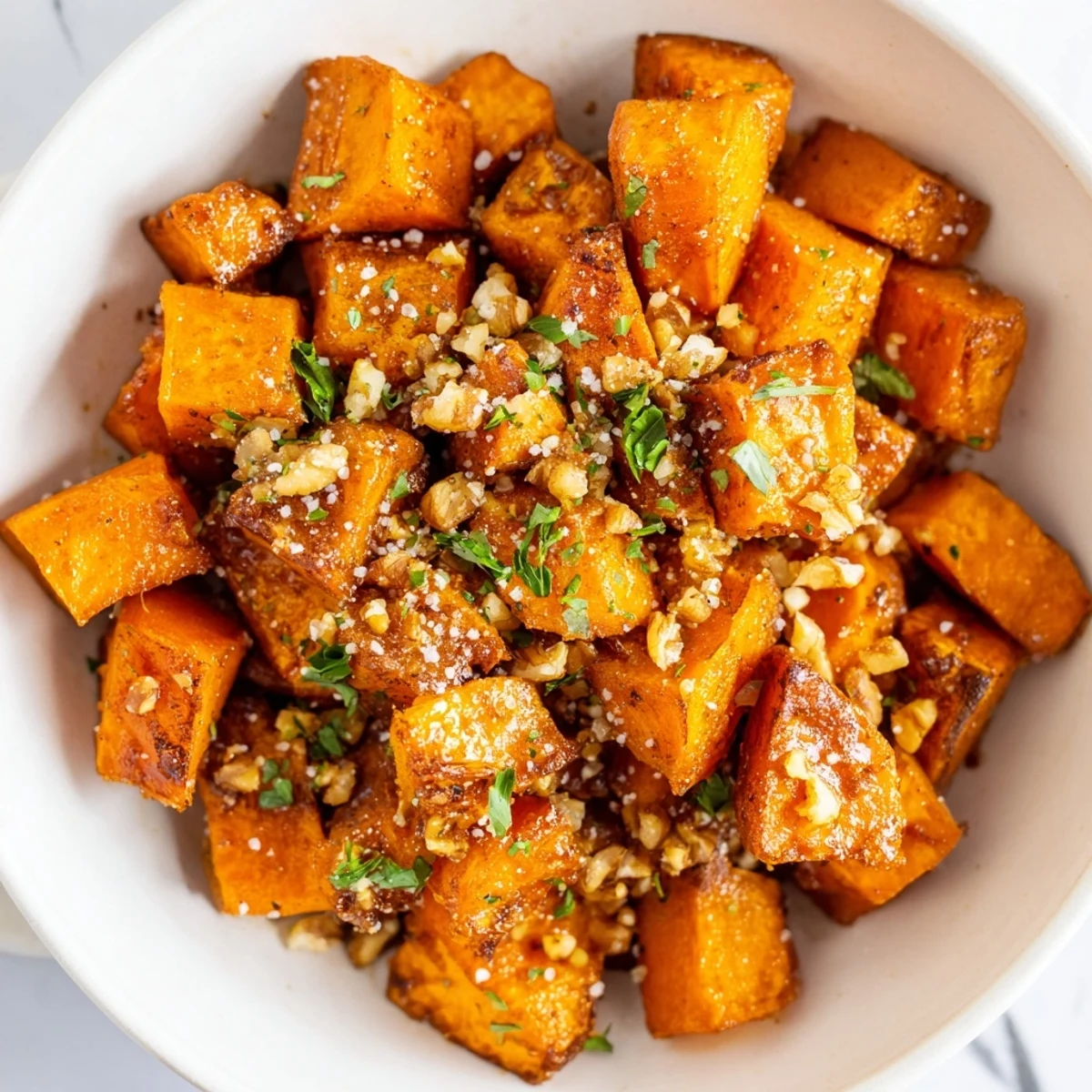 Caramelized sweet potato cubes with warm cinnamon, fresh parsley garnish, served alongside a hearty meal. 
