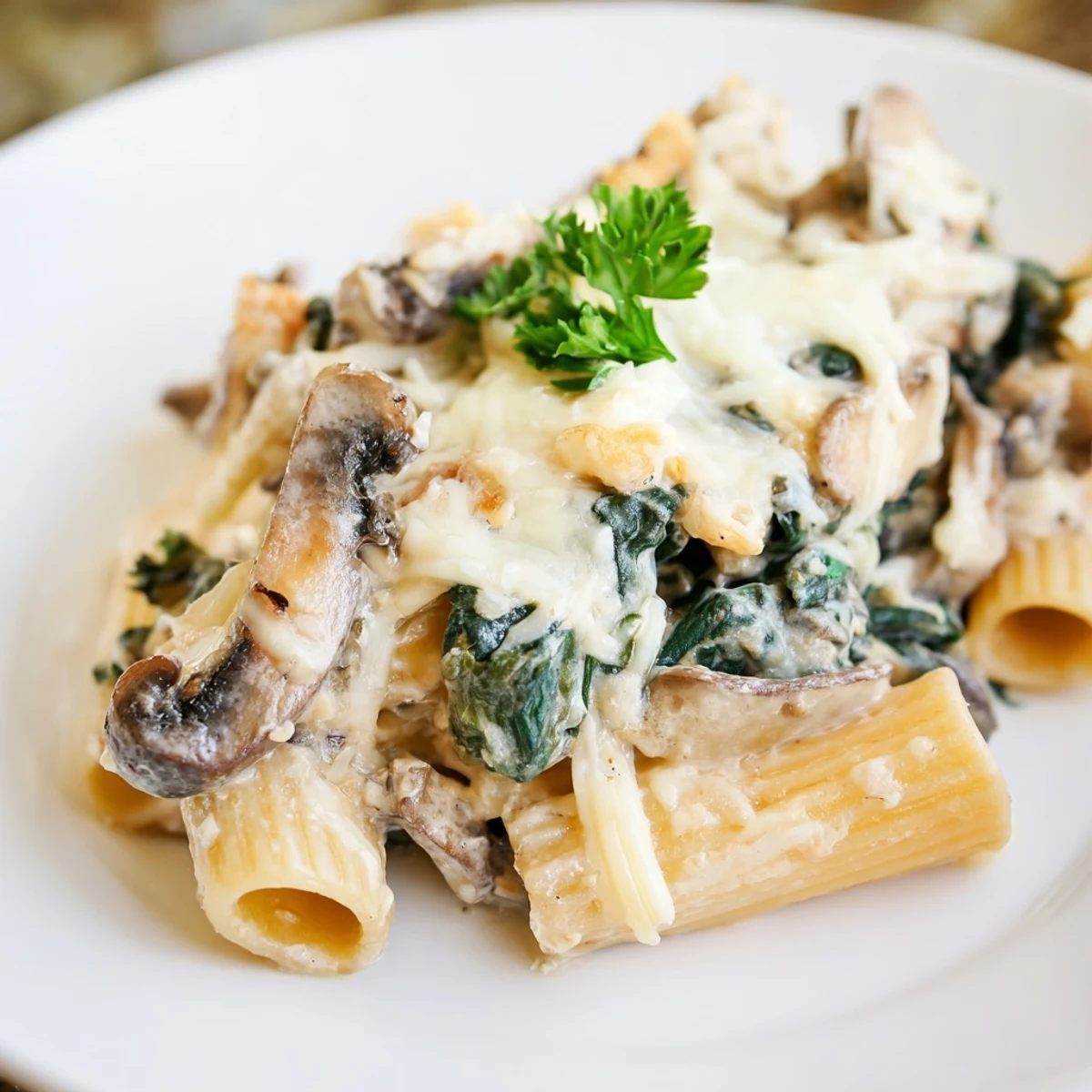 Golden, bubbly mozzarella and Parmesan top the creamy mushroom and spinach pasta bake, served hot from the oven.