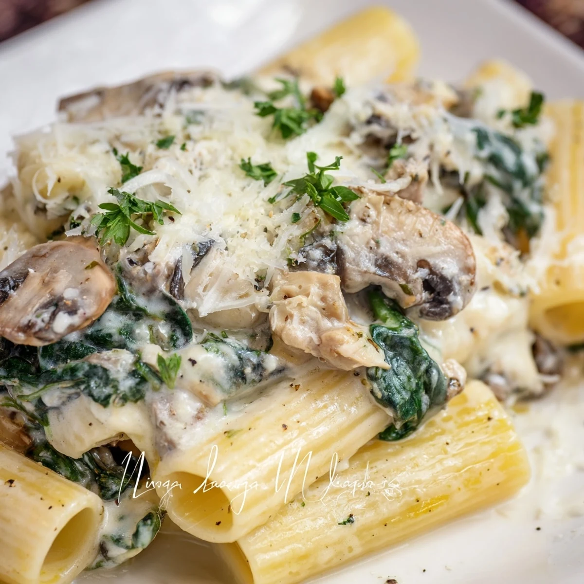 Freshly baked Creamy Mushroom and Spinach Pasta Bake steaming in a dish, with a golden, bubbly cheese crust.