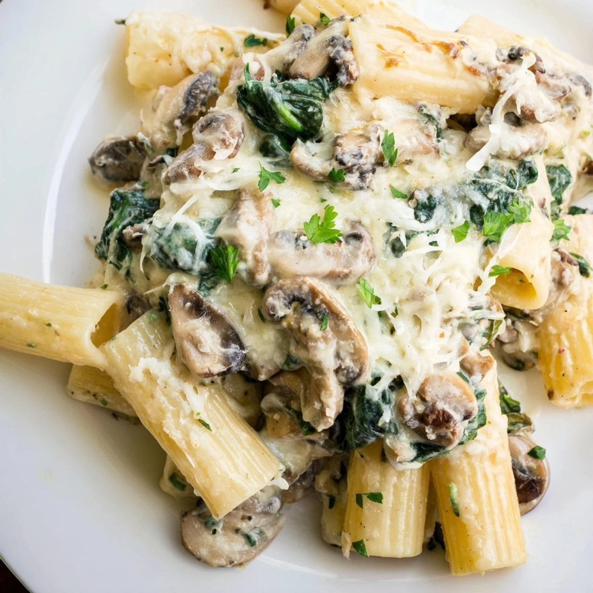 Close-up of a spoon scooping into the creamy mushroom and spinach pasta bake, revealing the rich, cheesy sauce inside.