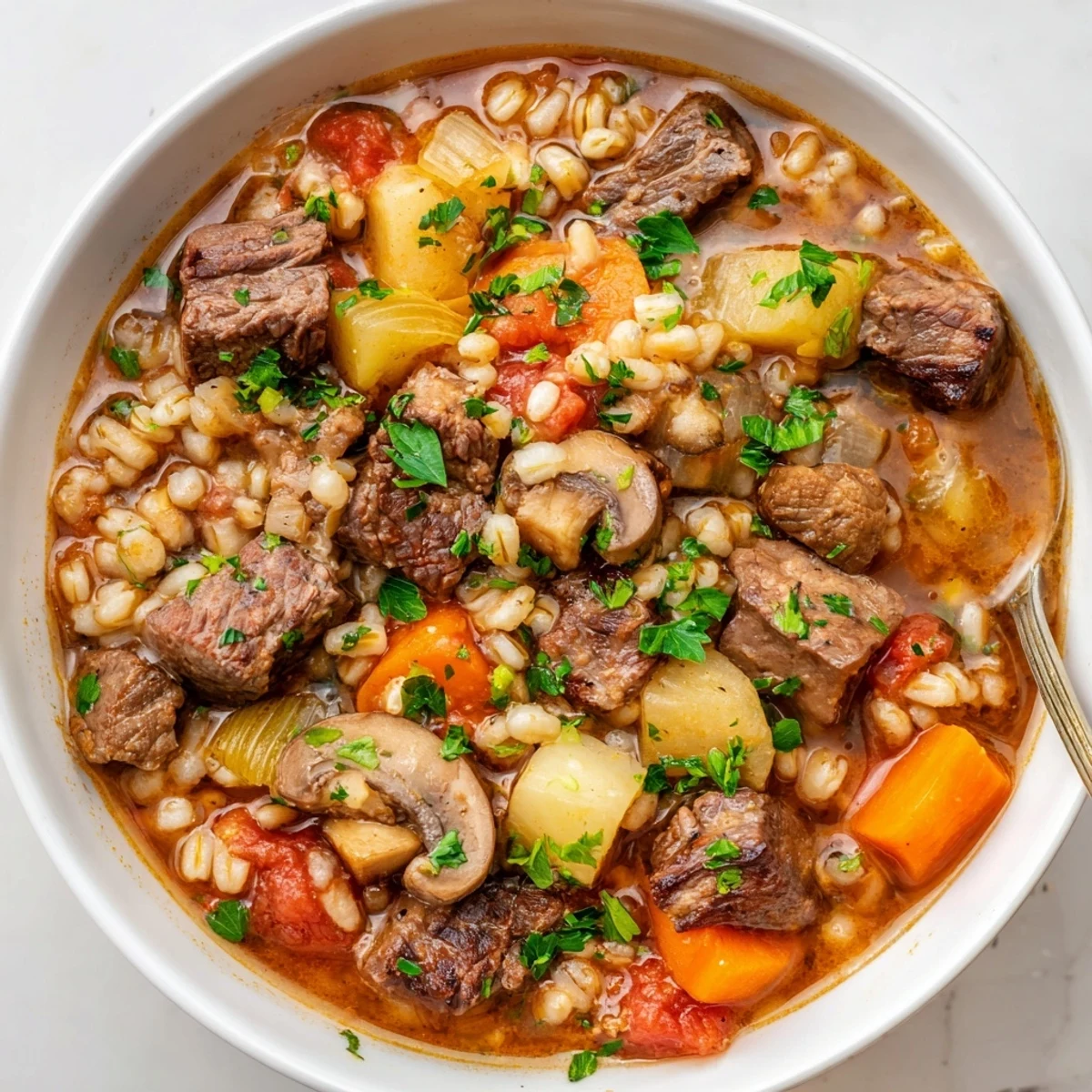 Hearty Beef and Barley Stew with Parsnips in a Dutch oven, featuring tender beef chunks and vegetables.