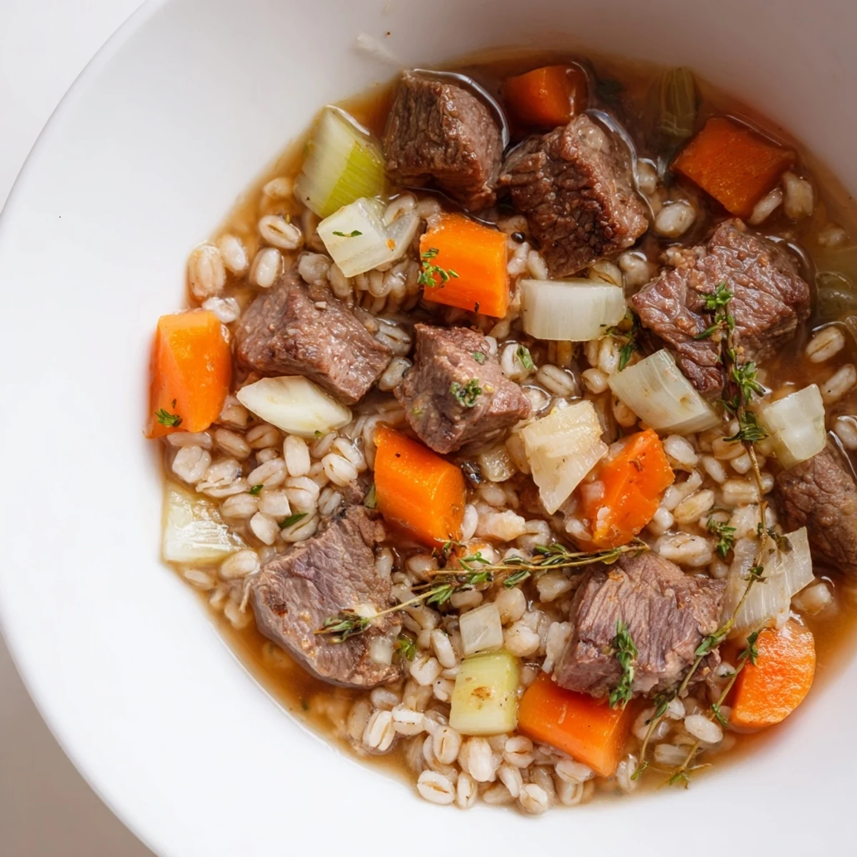 A bowl of Beef and Barley Stew with Thyme and Carrots, steaming with tender beef chunks and vibrant orange carrots.
