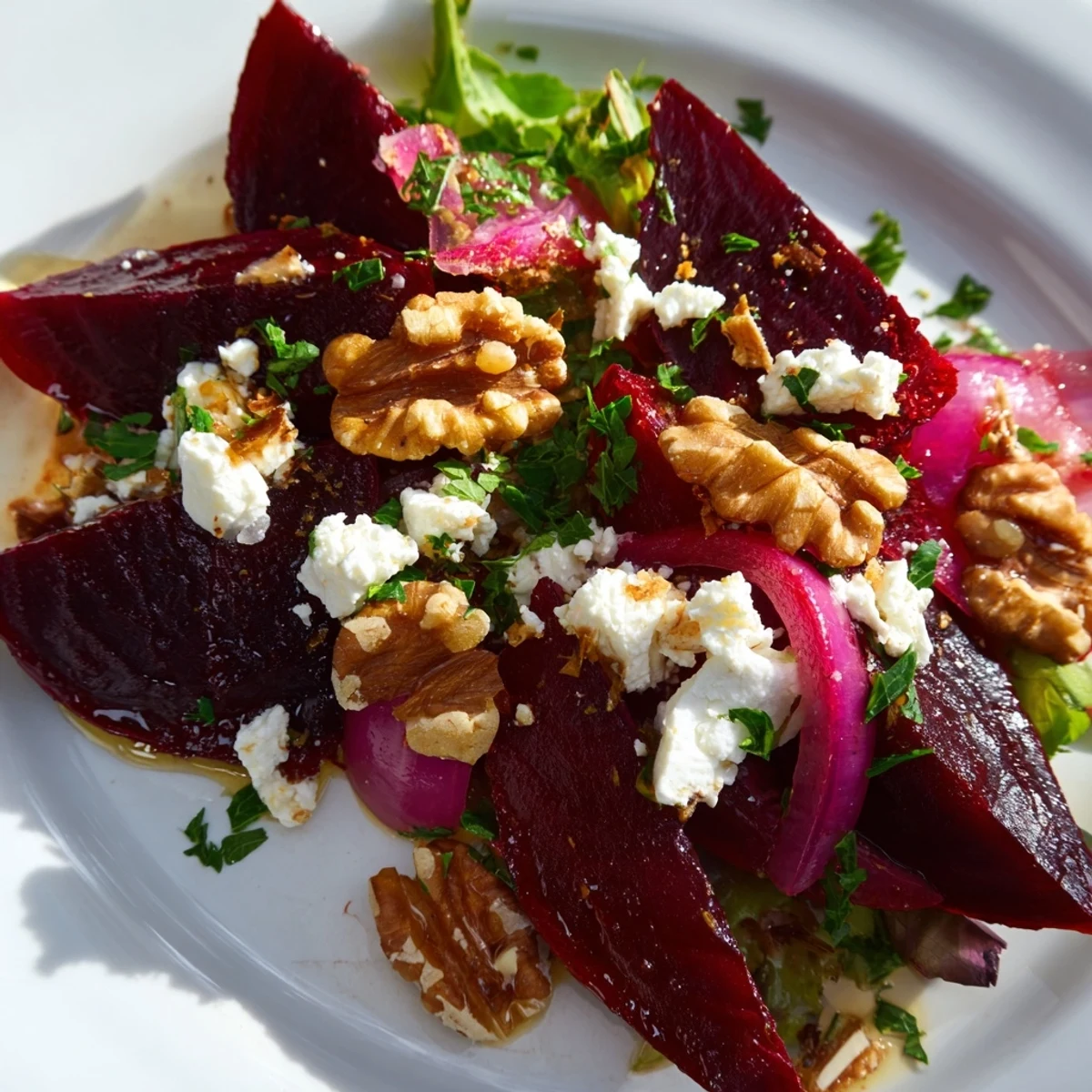 Golden roasted beet salad with walnuts and feta drizzled with balsamic vinaigrette garnished with parsley.