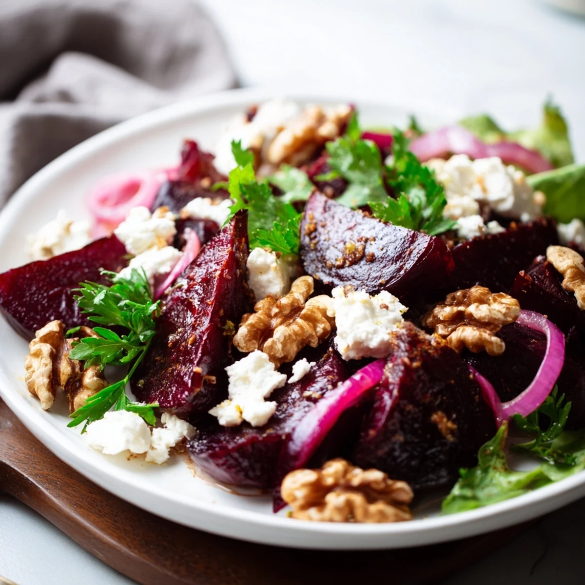 Roasted beet salad with walnuts and feta arranged over mixed greens with red onion slices.