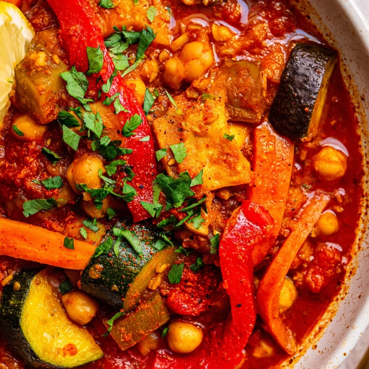 Warm, fragrant Spicy Harissa Chickpea and Vegetable Tagine next to lemon wedges and couscous.