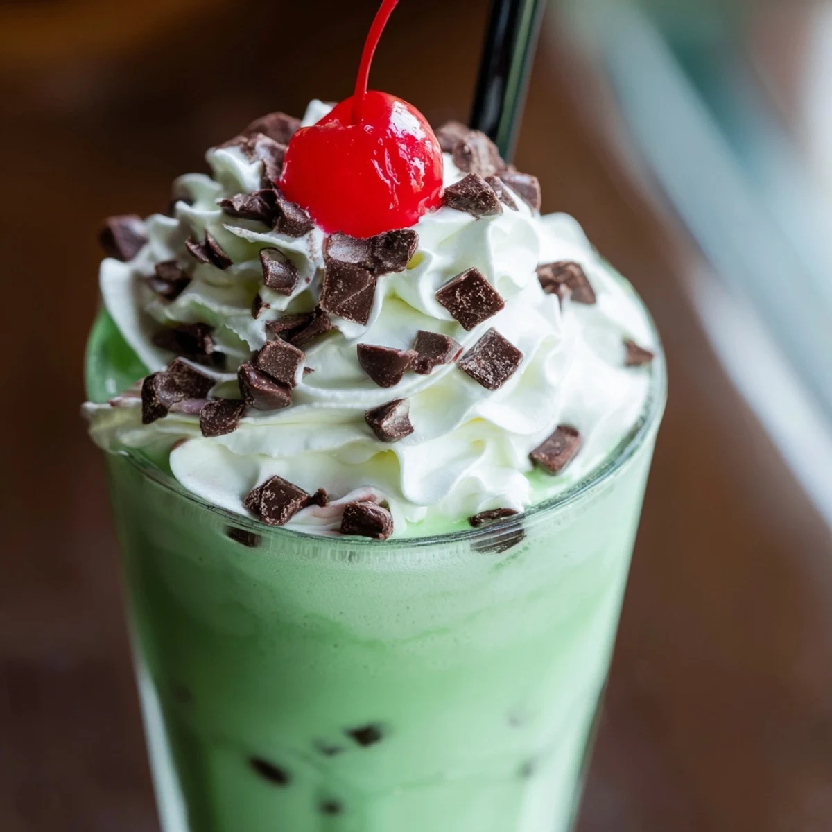 A creamy Shamrock Mint Chocolate Chip Milkshake blended smooth, featuring a festive green hue and plenty of mini chocolate chips in every sip.