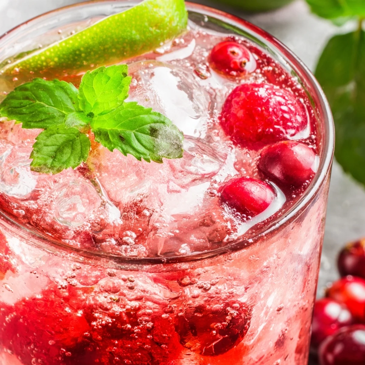 A vibrant Love Potion Cranberry Raspberry Mocktail garnished with fresh berries and mint sprigs in a clear glass.