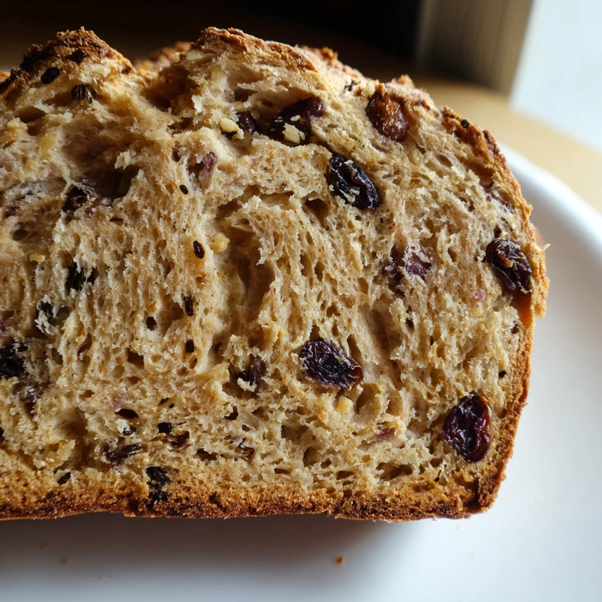 A freshly baked Irish Soda Bread with Raisins and Caraway, sliced open to reveal a tender, golden crumb studded with juicy raisins.