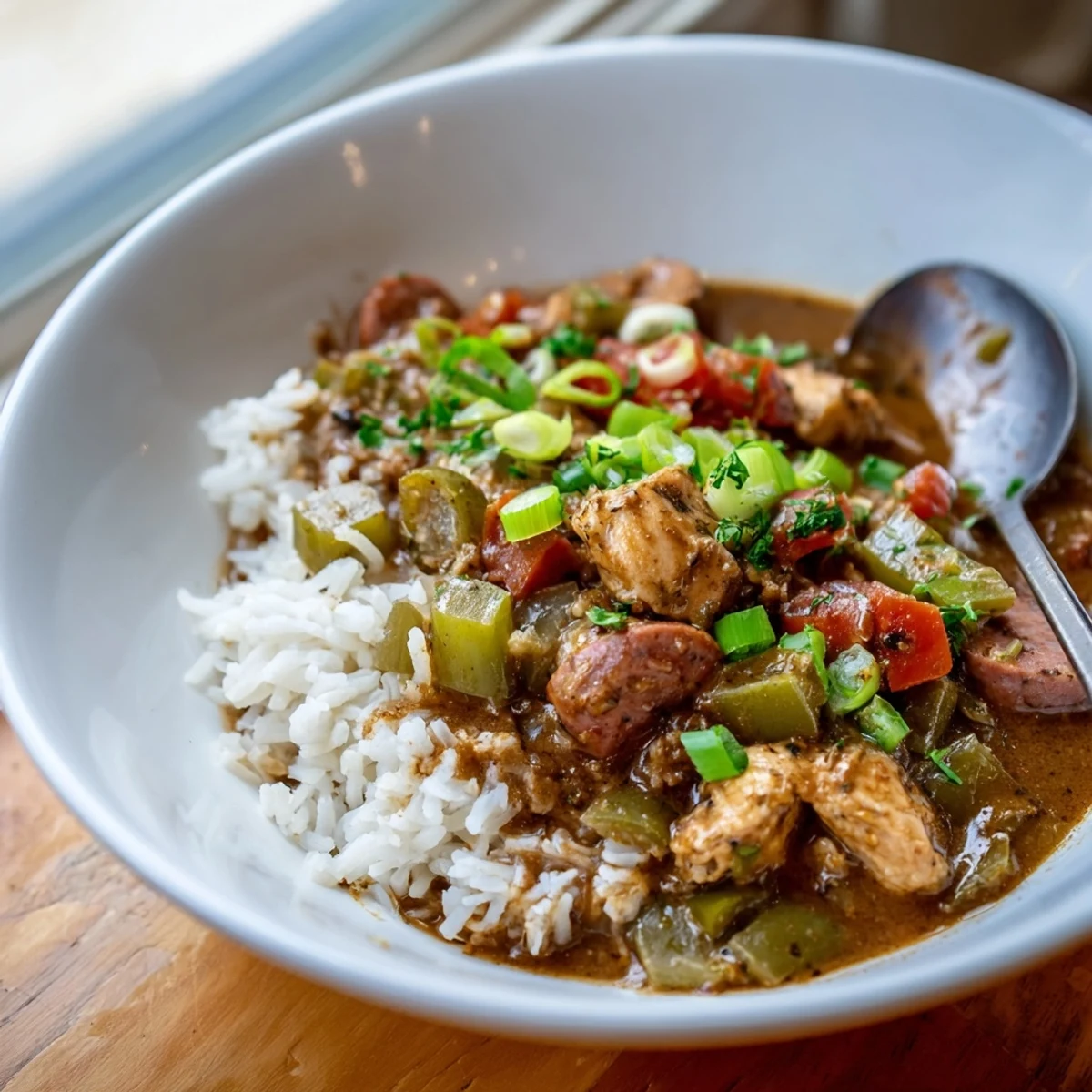 A steaming bowl of Mardi Gras Chicken and Sausage Gumbo served over fluffy white rice, garnished with fresh parsley and green onions.