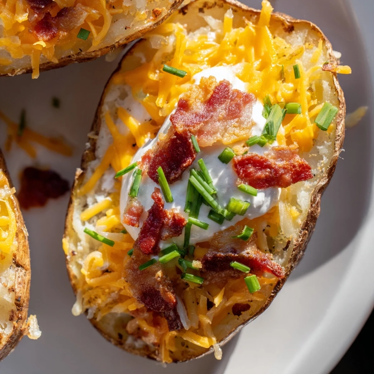 Spiced Super Bowl Loaded Potato Skins with beef bacon, shredded cheese, and chives, served hot from the oven on game day.