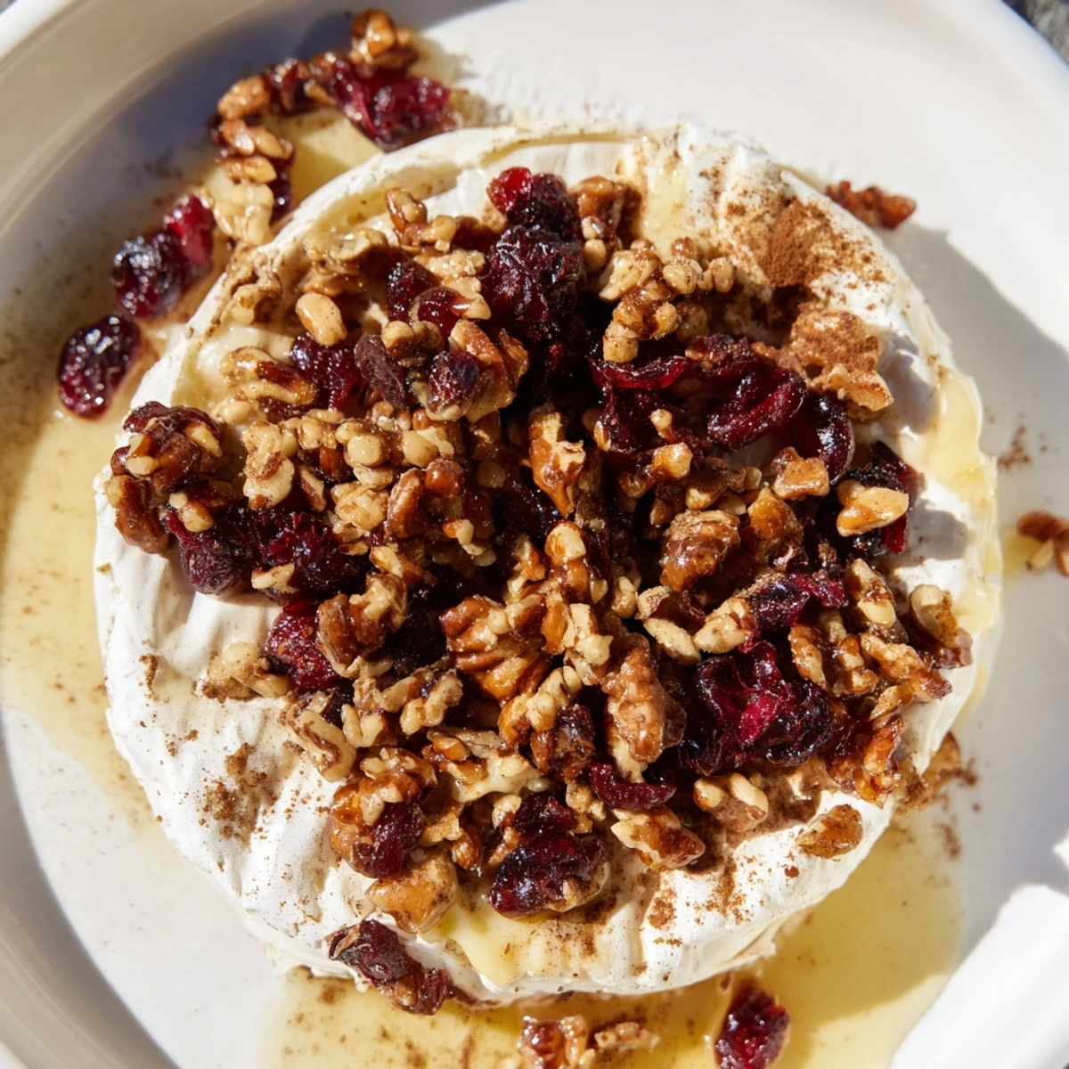 A warm wheel of Baked Brie with Cranberry and Pecan Topping bubbling on a serving platter, ready for crackers and apple slices.  