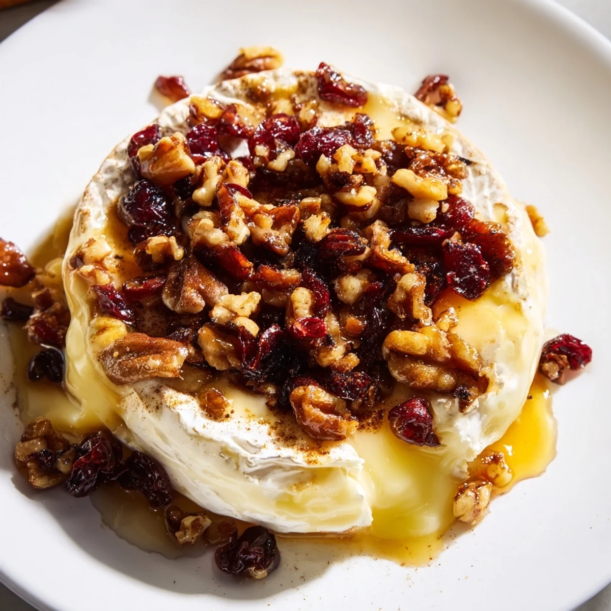 A close-up of Baked Brie with Cranberry and Pecan Topping, golden topping glistening as melty cheese oozes onto the plate.  