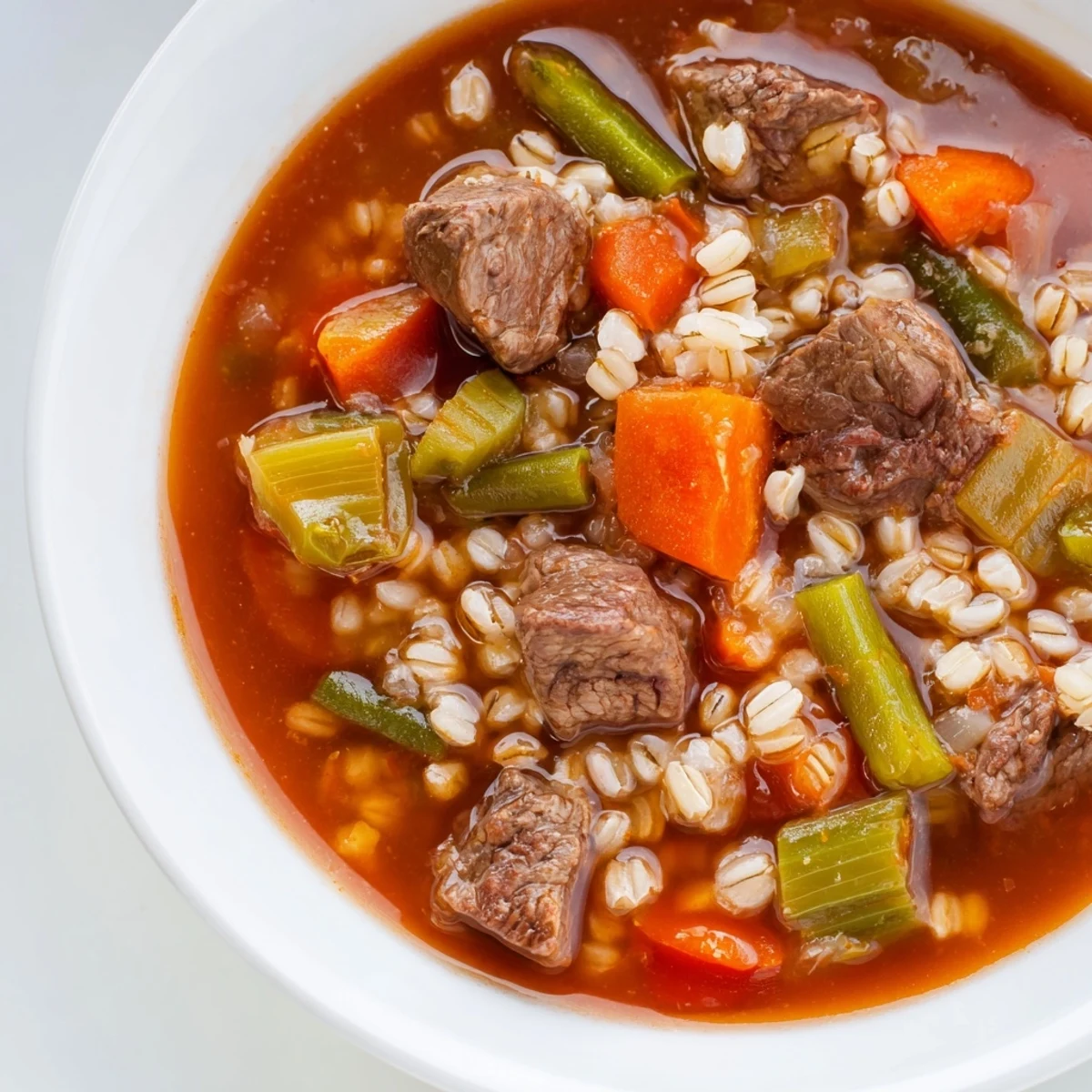 A steaming bowl of Hearty Beef and Barley Vegetable Soup garnished with fresh parsley, served with crusty bread.
