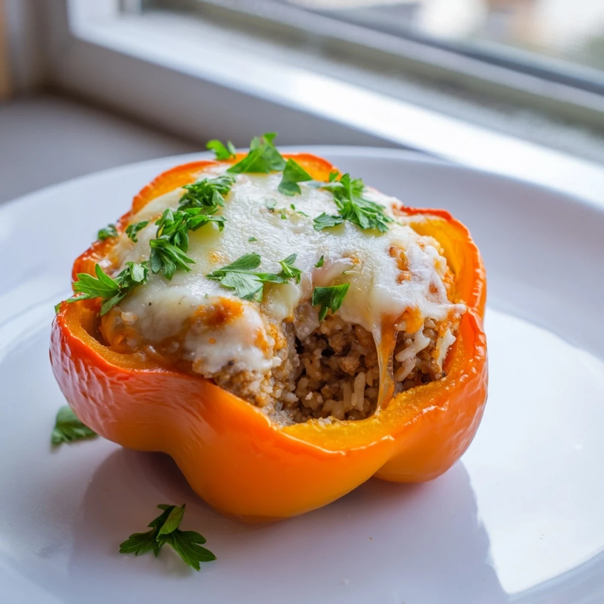 Colorful roasted bell peppers stuffed with seasoned ground turkey, fluffy rice, and melted cheese, served hot as a wholesome main dish.