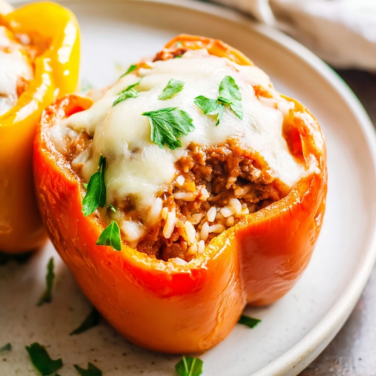 Close-up of golden melted cheese topping stuffed bell peppers filled with turkey, rice, and diced tomatoes for a comforting meal.