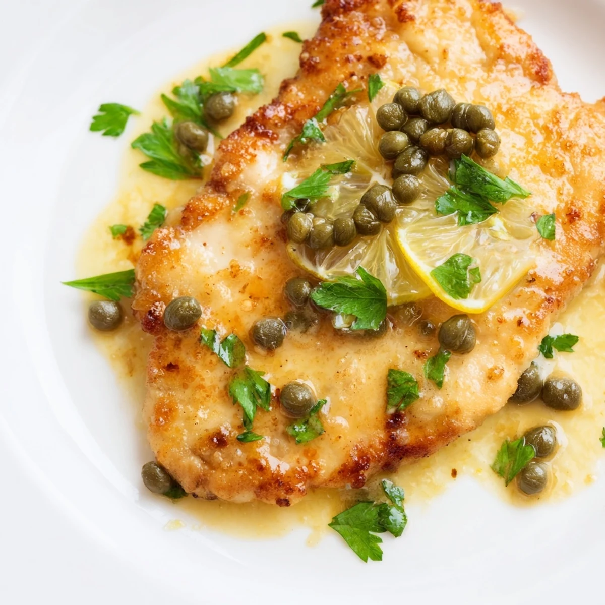 Golden-brown Chicken Piccata with capers and lemon slices rests in a rich, buttery pan sauce next to angel hair pasta.  