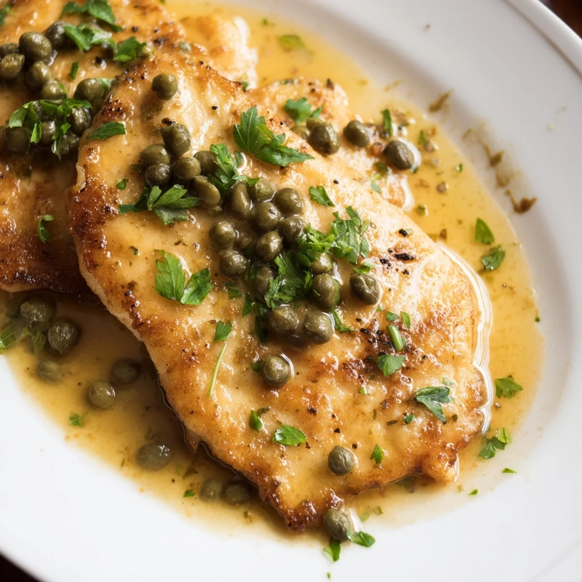 A close-up of tender Chicken Piccata with capers, lemon butter sauce, and steaming aroma on a dinner plate.