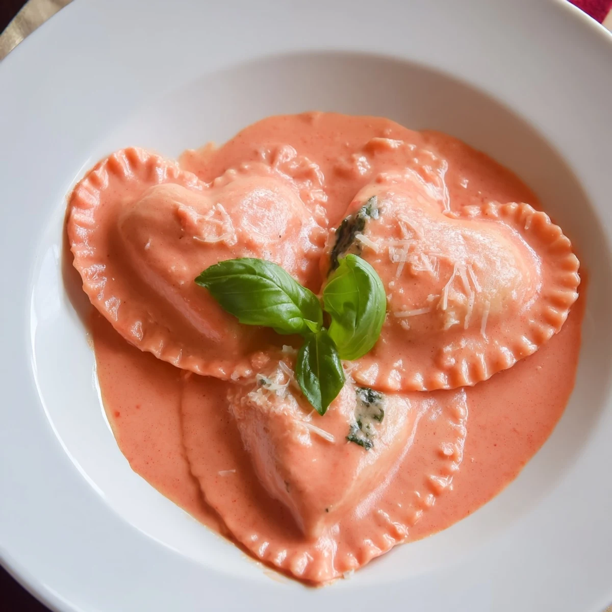 Creamy ricotta and spinach stuffed heart-shaped ravioli bathed in a luxurious, velvety pink tomato-cream sauce.