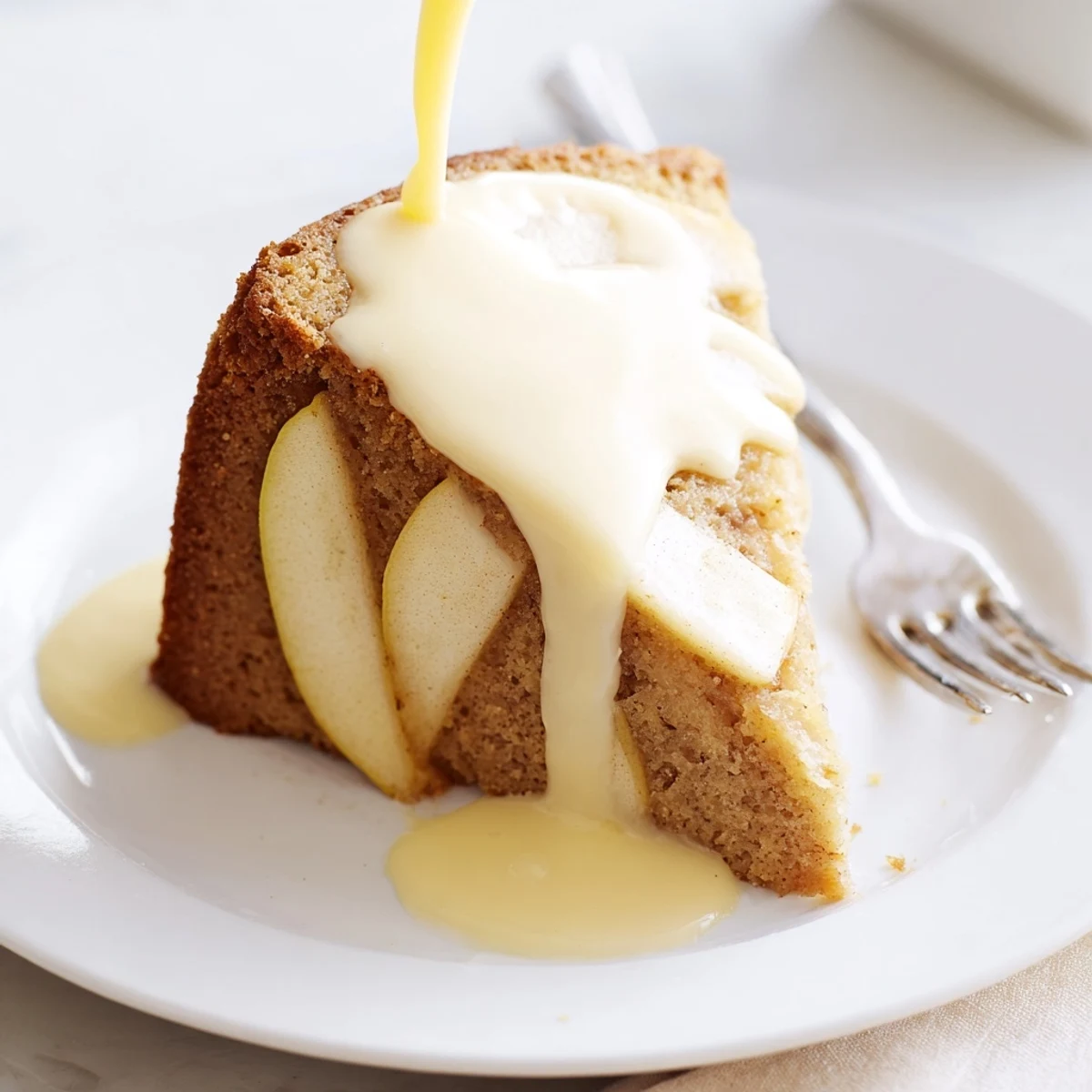 Warm slices of Irish Apple Cake with Custard Sauce feature tender, spiced apple cake and a creamy drizzle.  