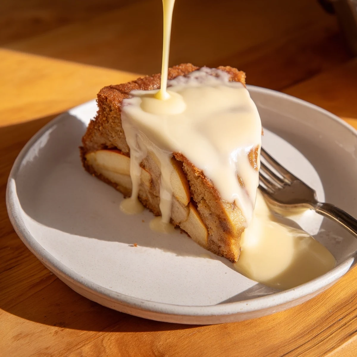 A slice of Irish Apple Cake with Custard Sauce is plated beside a cup of tea for afternoon dessert.