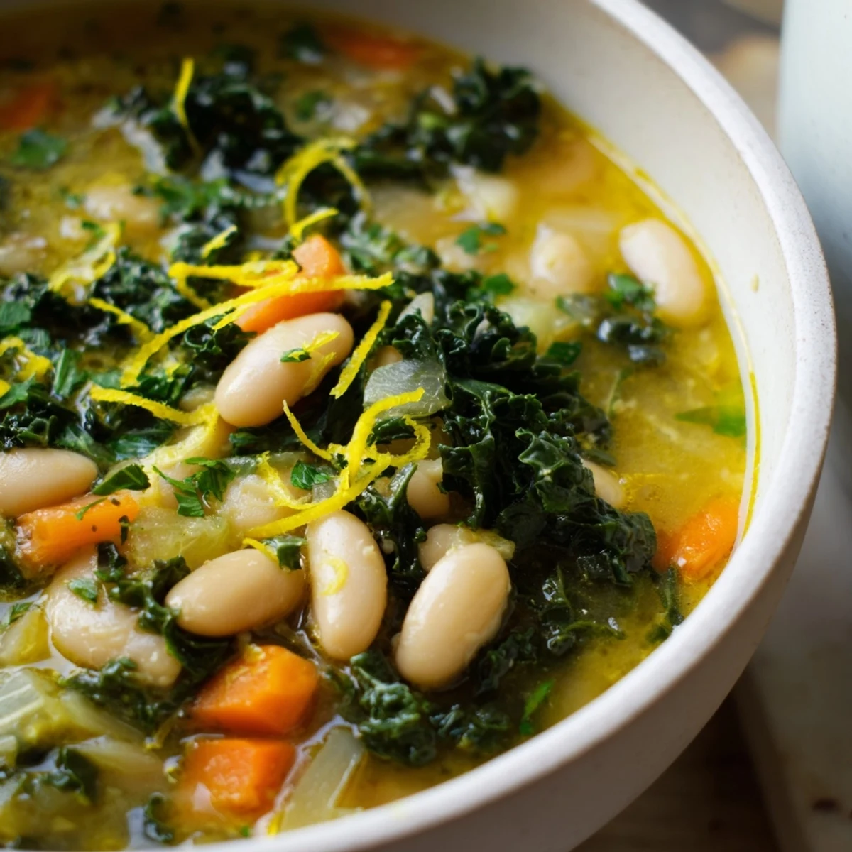 A steaming bowl of White Bean and Kale Soup with Lemon Zest, garnished with fresh parsley and a drizzle of olive oil.  