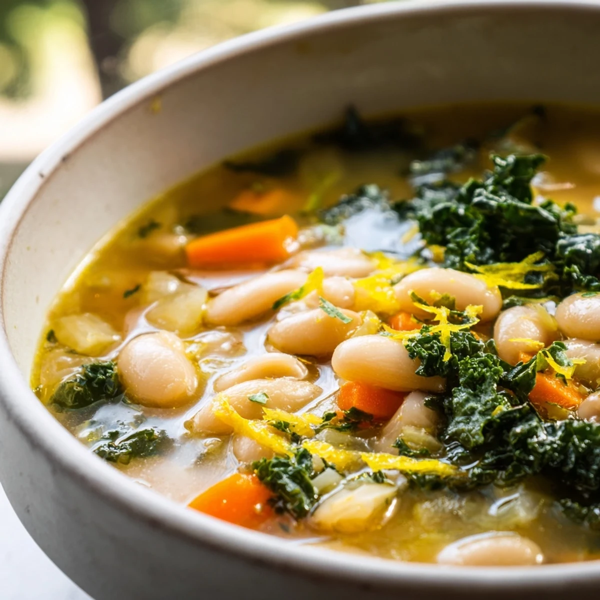 White Bean and Kale Soup with Lemon Zest served in a rustic ceramic bowl alongside crusty bread for dipping.  