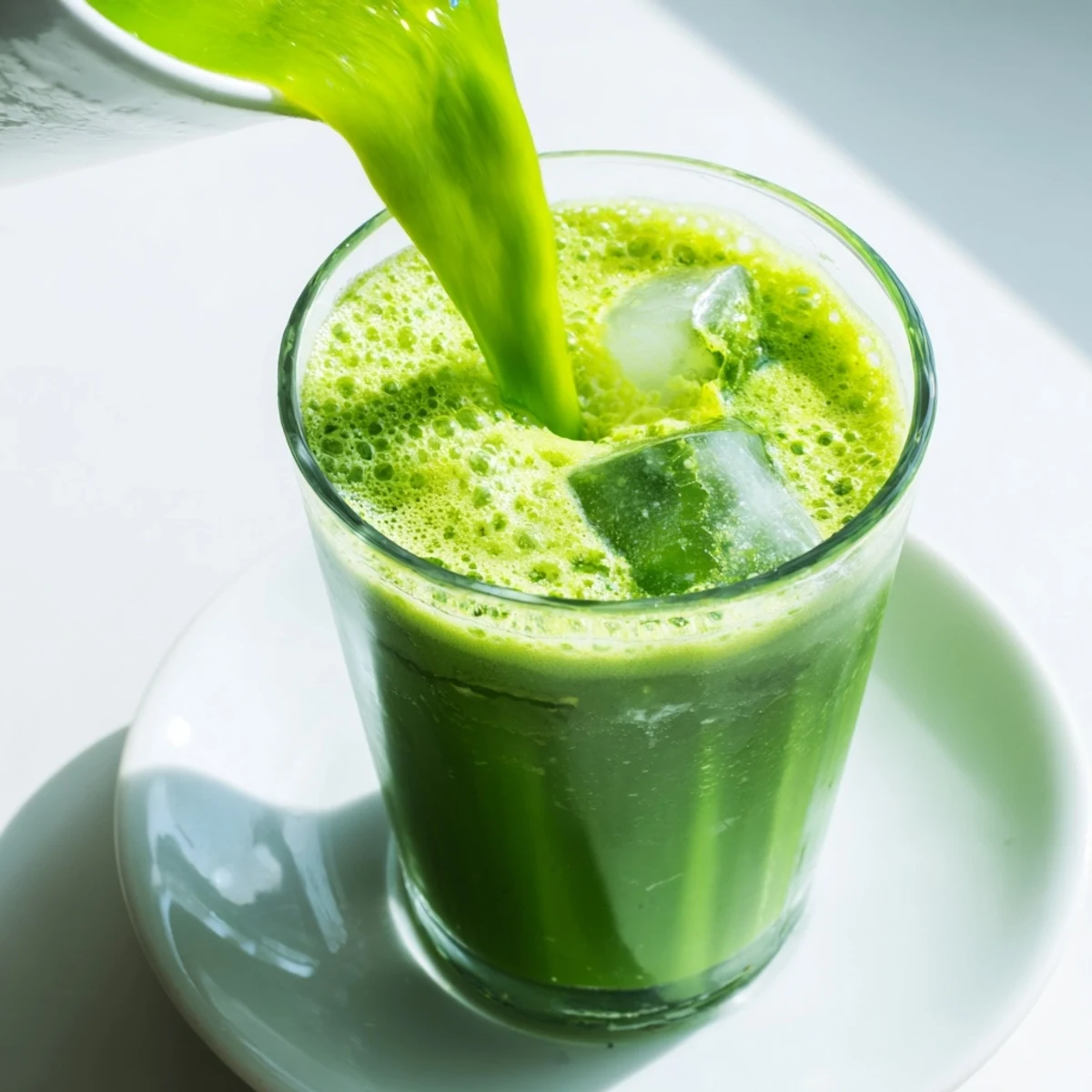 A frothy Detox Green Smoothie with Spinach and Ginger, blended with pineapple and banana, served over ice for a refreshing morning boost.  
