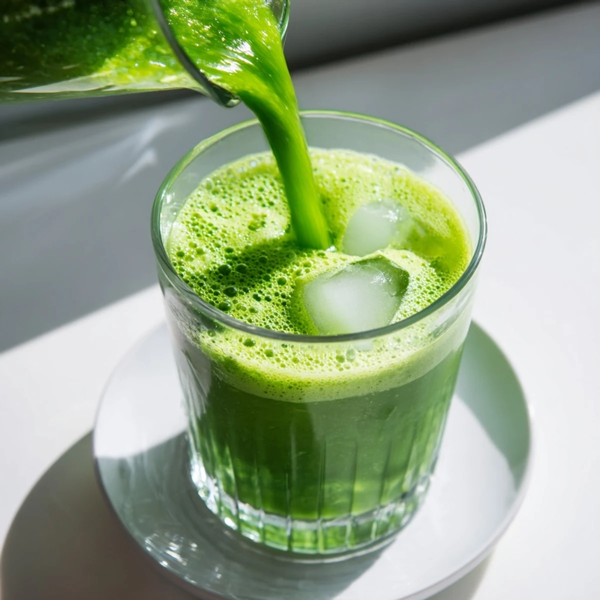 A close-up of a Detox Green Smoothie with Spinach and Ginger, showing its creamy texture and bright green color in a mason jar.