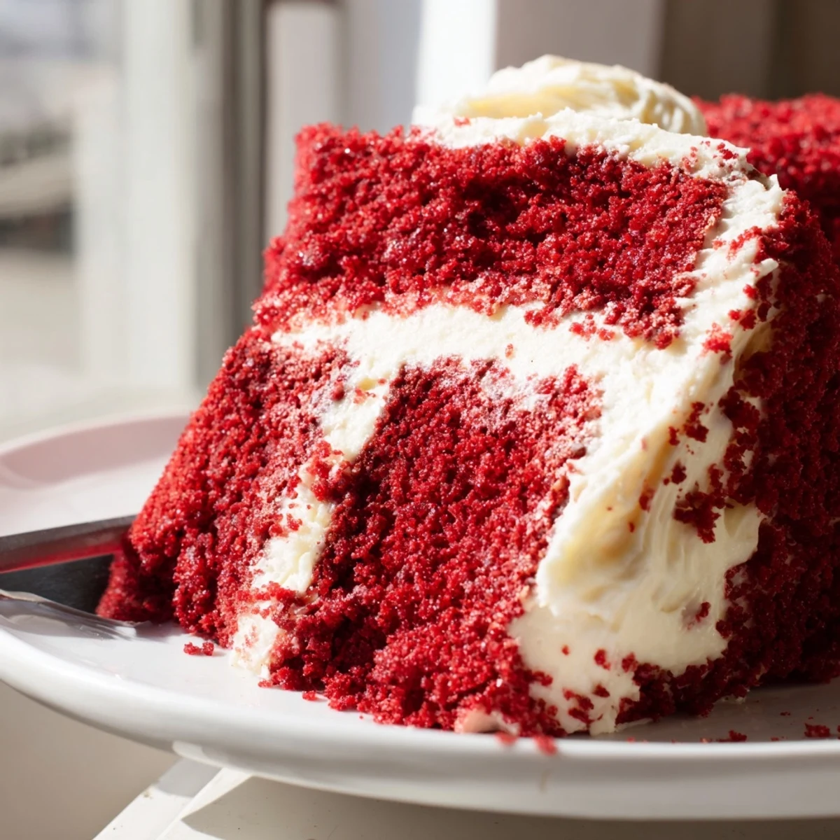 Moist red velvet cake with tangy cream cheese frosting, sliced to reveal its rich crimson layers and velvety texture.